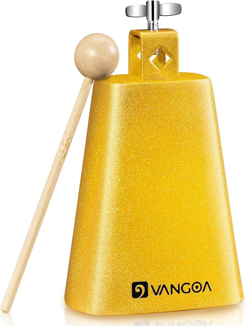 Vangoa 8 Inch Steel Cowbell with Sticks Cheering Bell for Sports Events Large Solid School Bells & Chimes Percussion Musical Instruments Call Bell Alarm, Gold - Image 1